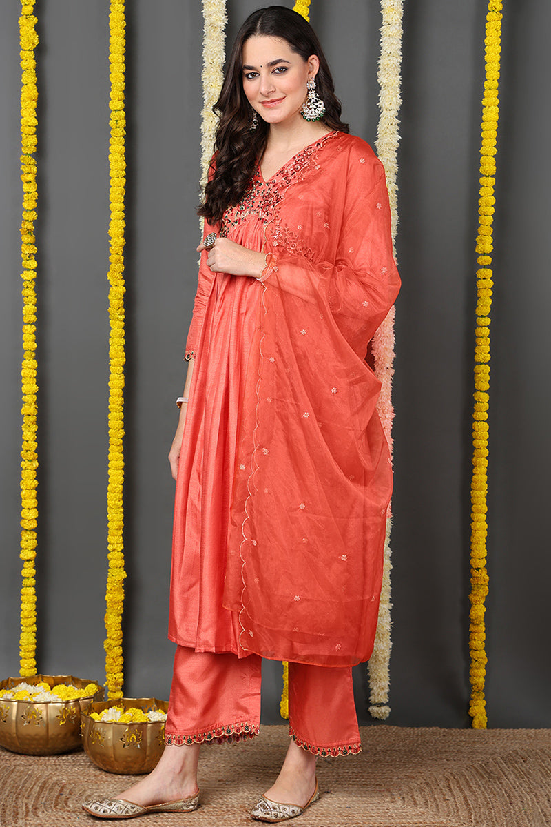DesiQlo Women Silk Blend Indian Ethnic Set - Orange PKSKD2145