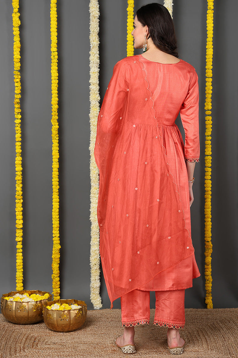 DesiQlo Women Silk Blend Indian Ethnic Set - Orange PKSKD2145