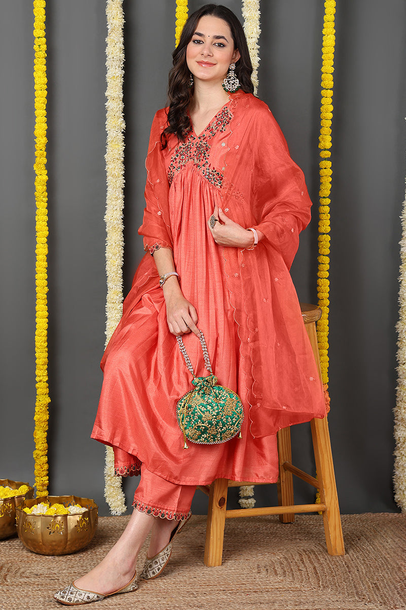 DesiQlo Women Silk Blend Indian Ethnic Set - Orange PKSKD2145