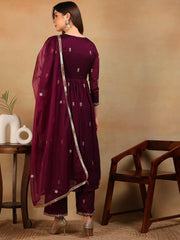 Women Purple Silk Blend Embroidered A-Line Kurta Pant Set With Dupatta
