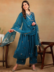 Women Teal Silk Blend Embroidered A-Line Kurta Pant Set With Dupatta