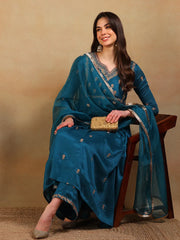 Women Teal Silk Blend Embroidered A-Line Kurta Pant Set With Dupatta
