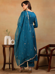 Women Teal Silk Blend Embroidered A-Line Kurta Pant Set With Dupatta