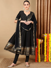 Women Black Silk Blend Solid Woven Design Kurta Churidar With Dupatta