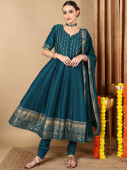 Women Green Silk Blend Solid Woven Design Kurta Churidar With Dupatta-PKSKD2151