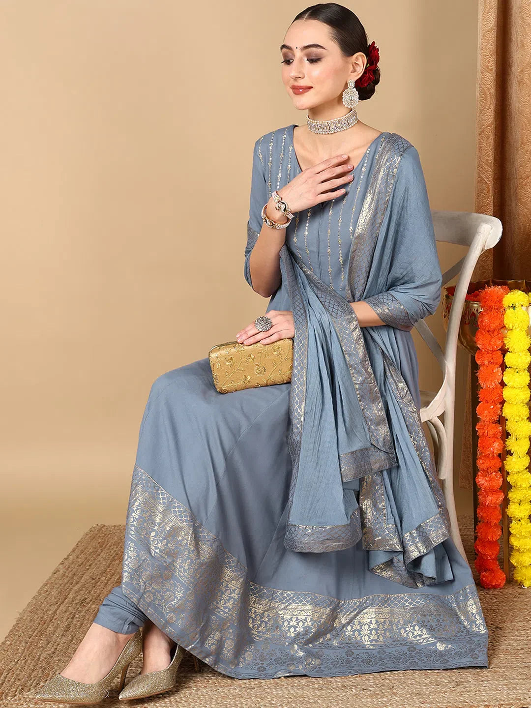 Women Red Silk Blend Solid Woven Design Kurta Churidar With Dupatta-PKSKD2152