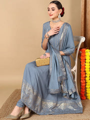 Women Red Silk Blend Solid Woven Design Kurta Churidar With Dupatta-PKSKD2152