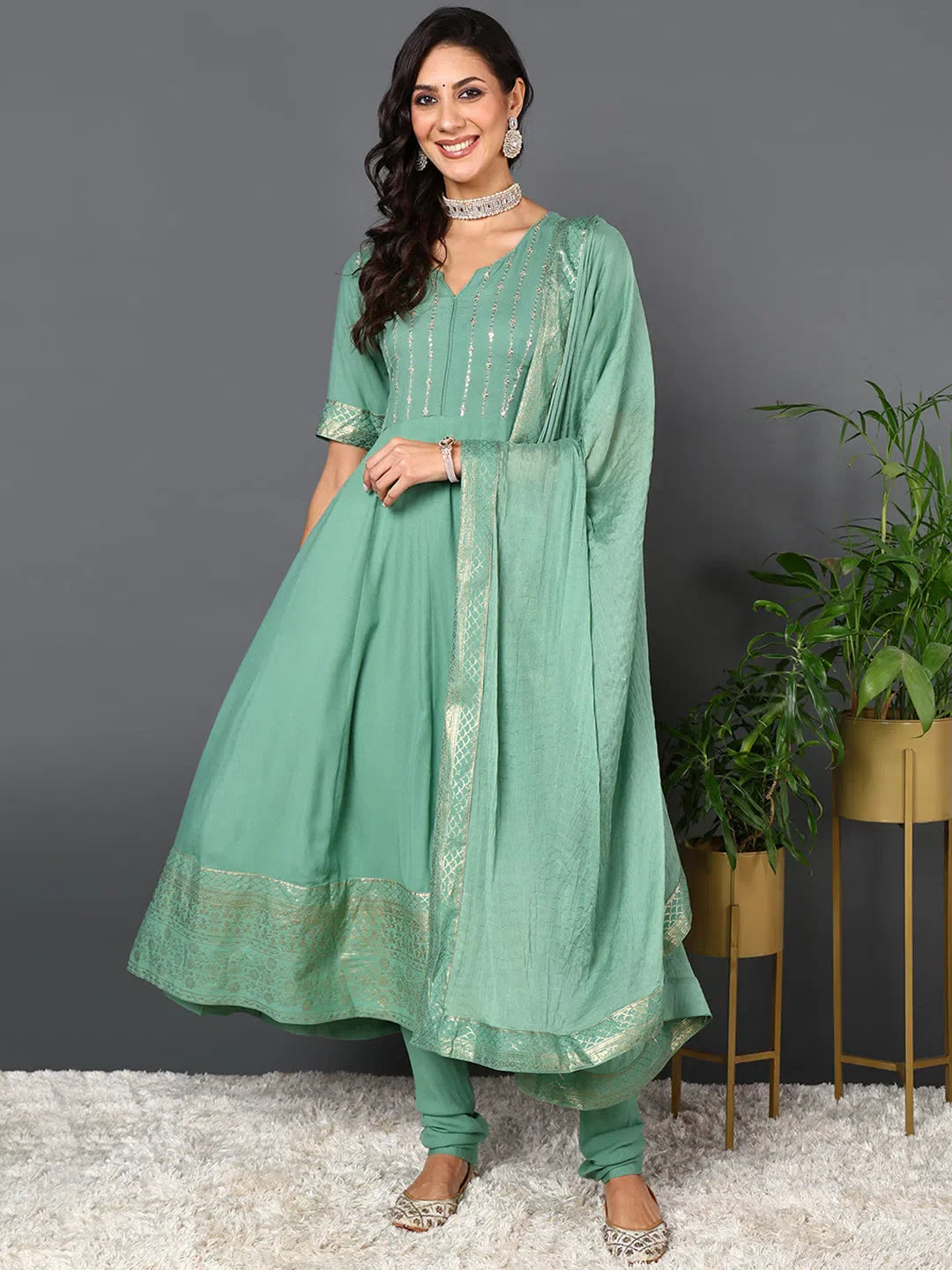 Green Woven Silk Kurta Churidar Set | Indian Kurta Sets Online