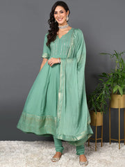 Women Green Silk Blend Solid Woven Design Kurta Churidar With Dupatta-PKSKD2153