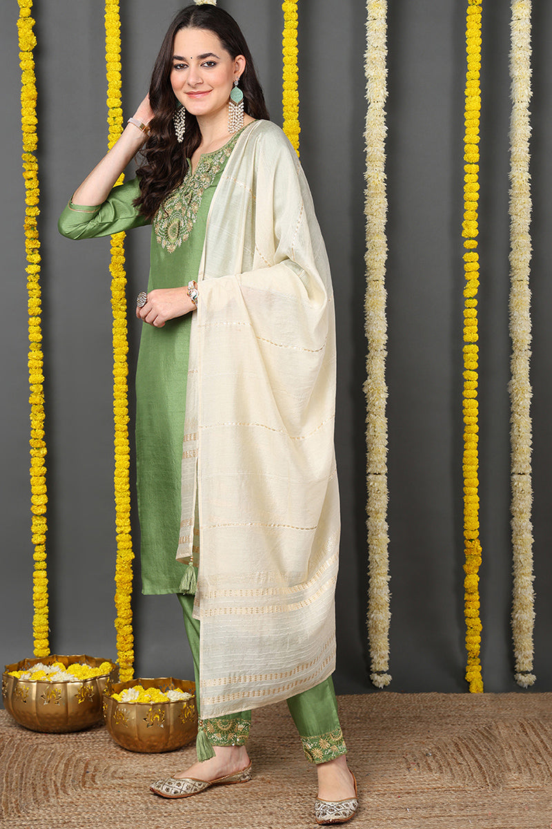 DesiQlo Women Silk Blend Indian Ethnic Set - Green PKSKD2154