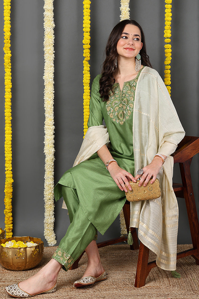 DesiQlo Women Silk Blend Indian Ethnic Set - Green PKSKD2154