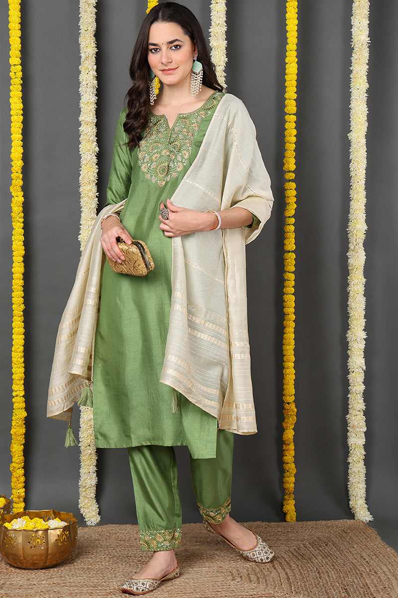 DesiQlo Women Silk Blend Indian Ethnic Set - Green PKSKD2154