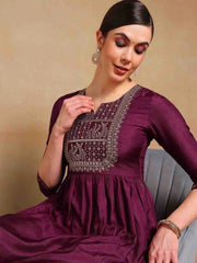 Women Purple Silk Blend Yoke Design Straight Kurta Pant Set With Dupatta