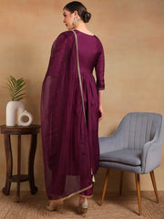 Women Purple Silk Blend Yoke Design Straight Kurta Pant Set With Dupatta