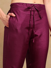 Women Purple Silk Blend Yoke Design Straight Kurta Pant Set With Dupatta