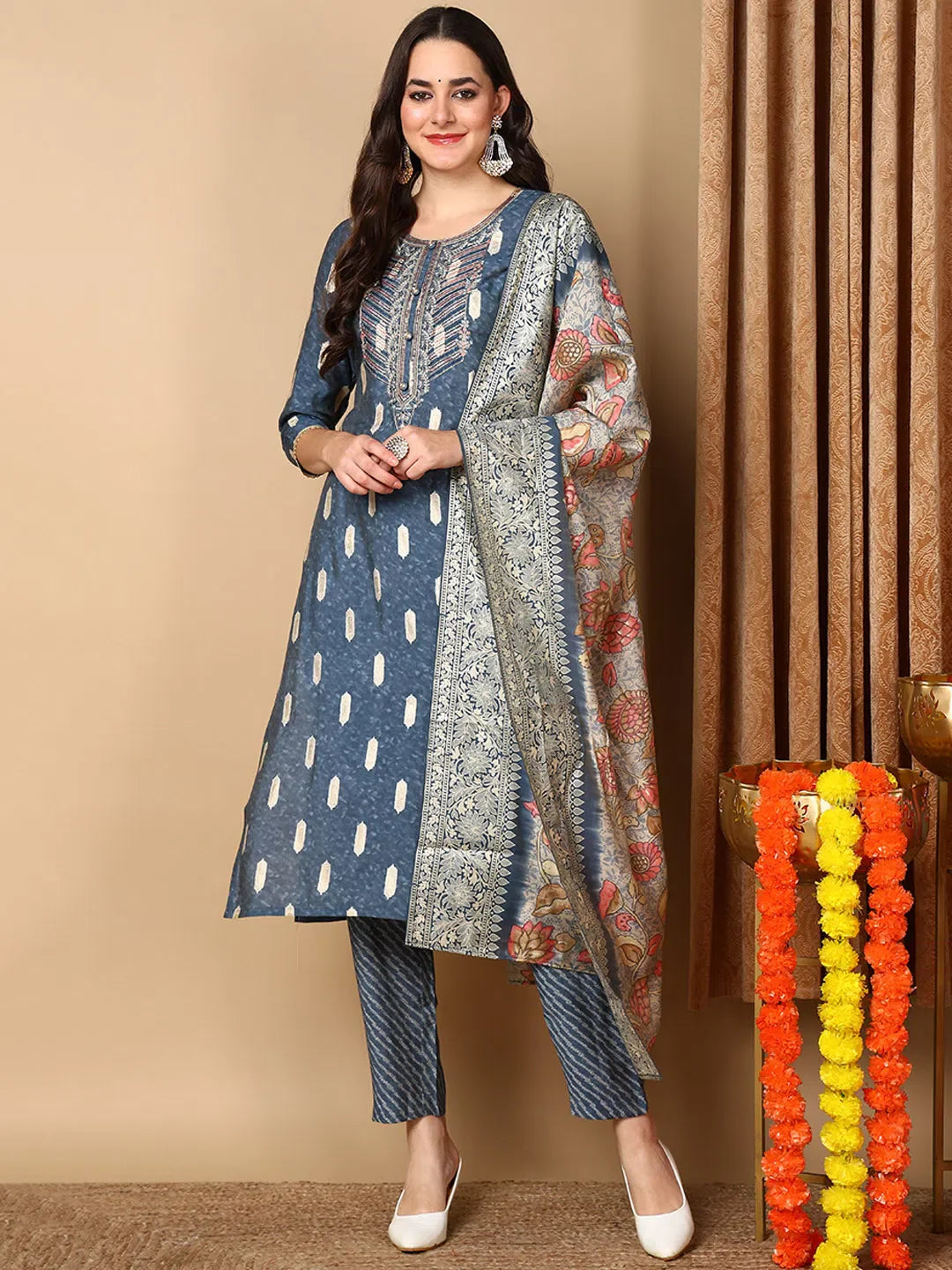Blue Embroidered Kurta Pant Set with Dupatta | Women's Kurta Sets