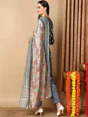 Women Blue Silk Blend Embroidered Straight Kurta Pant Set With Dupatta-PKSKD2160