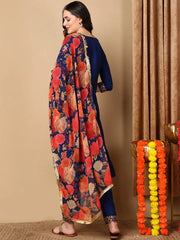 Women Navy Blue Silk Blend Embroidered Straight Kurta Pant Set With Dupatta-PKSKD2162