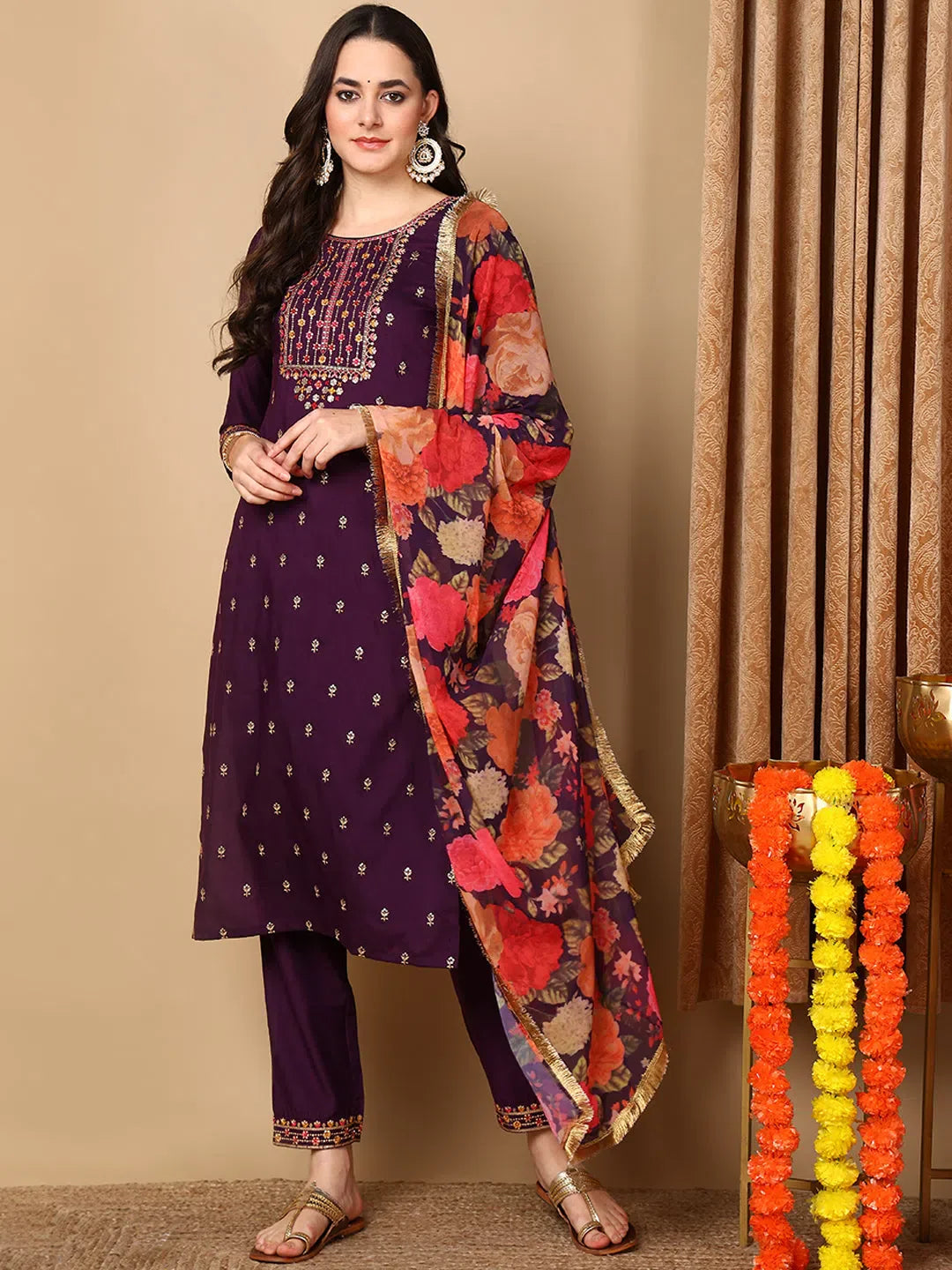 Purple Embroidered Kurta Pant Set with Dupatta | Women's Kurta...