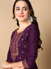 Women Purple Silk Blend Embroidered Straight Kurta Pant Set With Dupatta-PKSKD2163