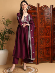 Women Magenta Silk Blend Solid Embroidered Flared Kurta Trouser With Dupatta