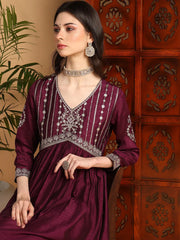 Women Magenta Silk Blend Solid Embroidered Flared Kurta Trouser With Dupatta