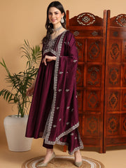 Women Magenta Silk Blend Solid Embroidered Flared Kurta Trouser With Dupatta