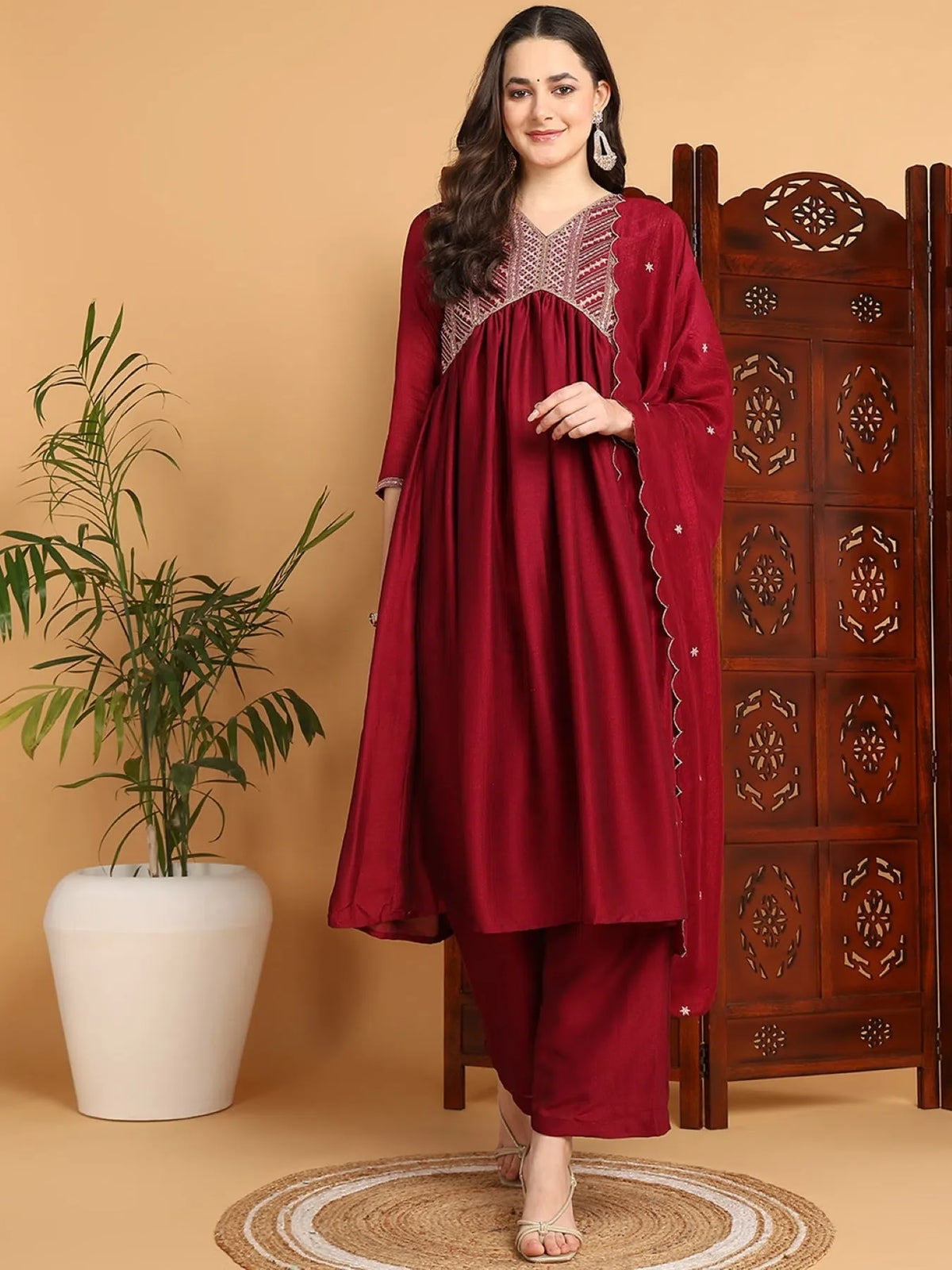 Women Maroon Silk Blend Embroidered A-Line Kurta Pant Set With Dupatta