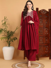 Women Maroon Silk Blend Embroidered A-Line Kurta Pant Set With Dupatta