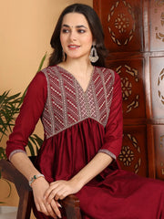Women Maroon Silk Blend Embroidered A-Line Kurta Pant Set With Dupatta