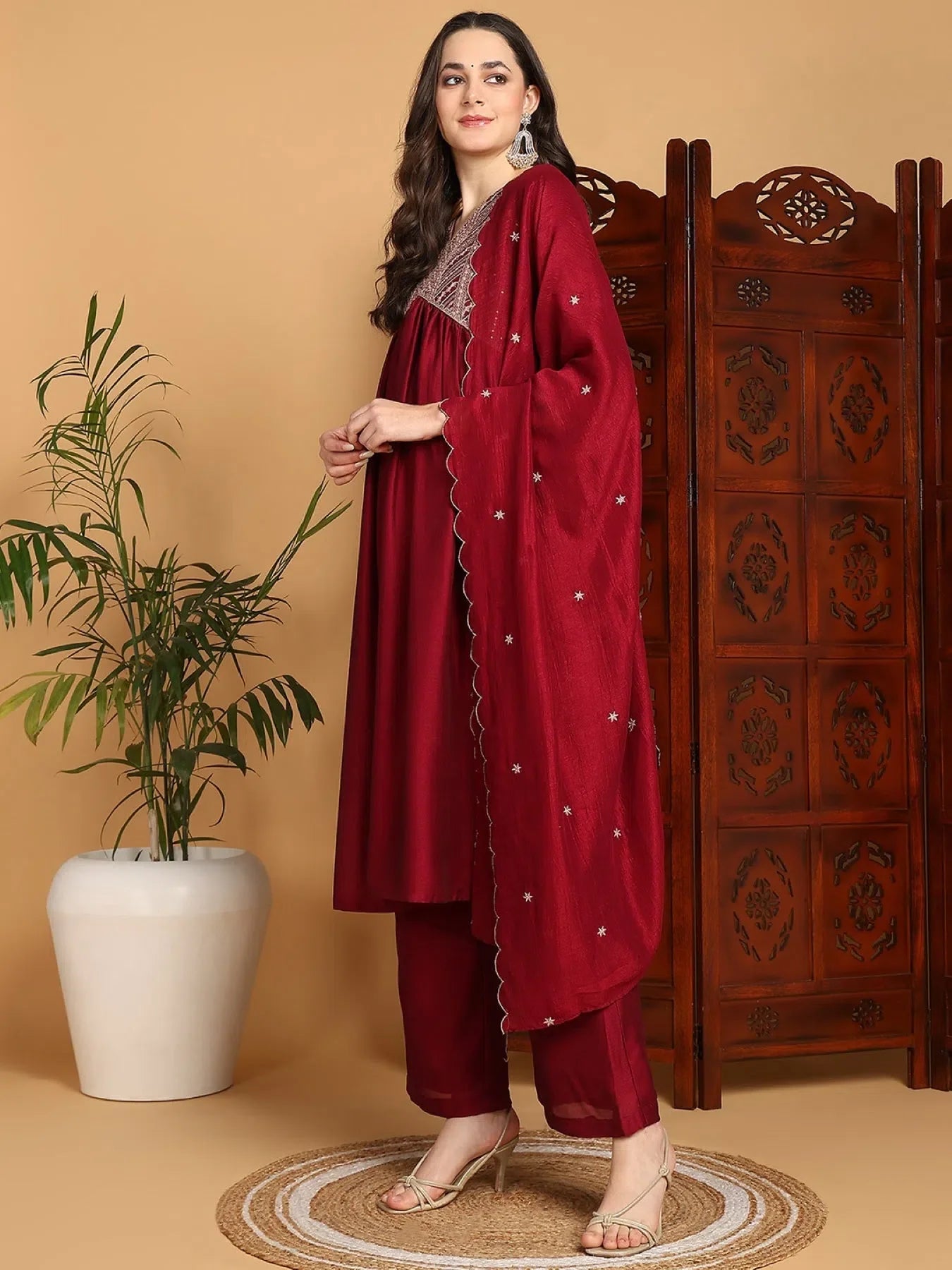 Maroon Silk Blend Kurta Set with Dupatta | Women's Indian Kurta