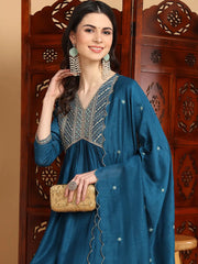 Women Blue Silk Blend Embroidered A-Line Kurta Pant Set With Dupatta