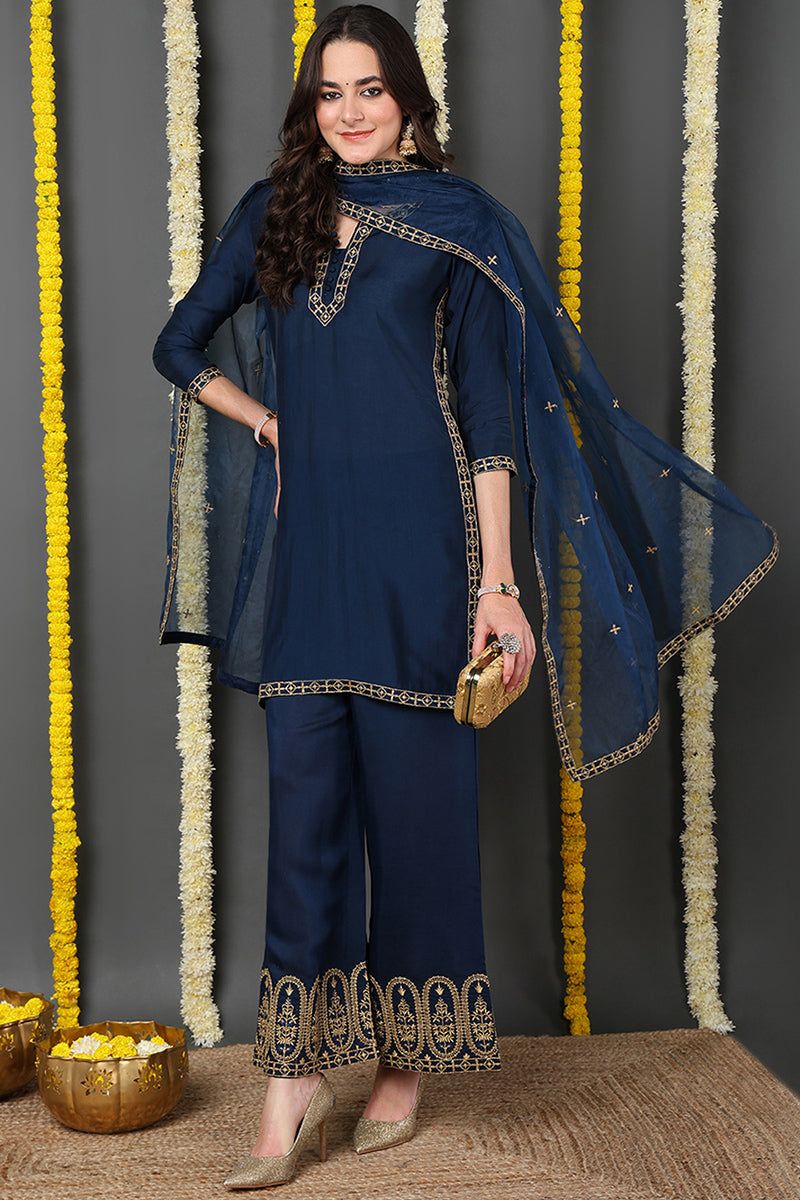 DesiQlo Women Silk Blend Indian Ethnic Set - Blue PKSKD2173