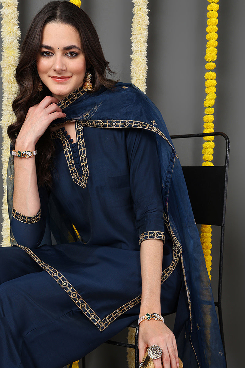 DesiQlo Women Silk Blend Indian Ethnic Set - Blue PKSKD2173