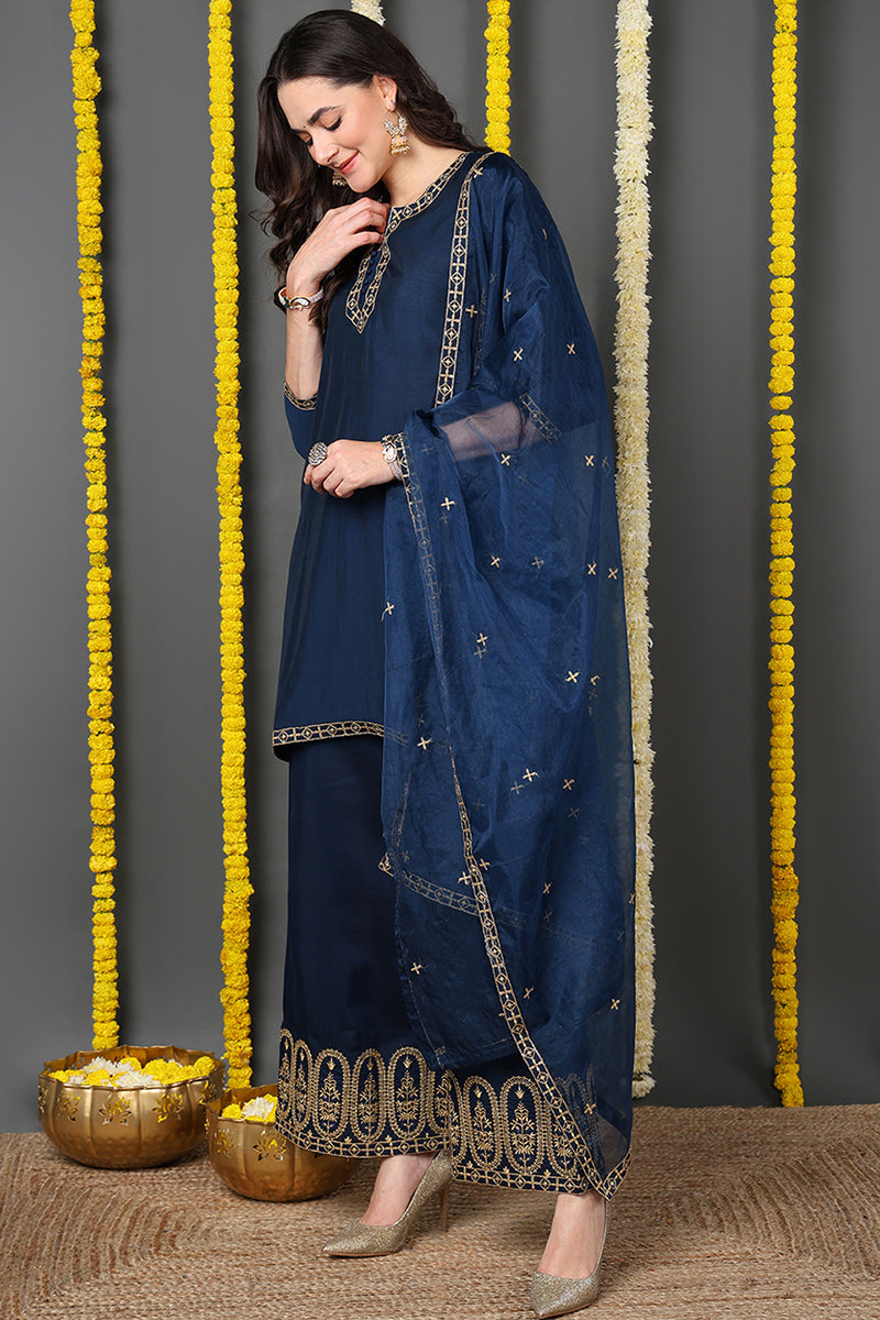 DesiQlo Women Silk Blend Indian Ethnic Set - Blue PKSKD2173