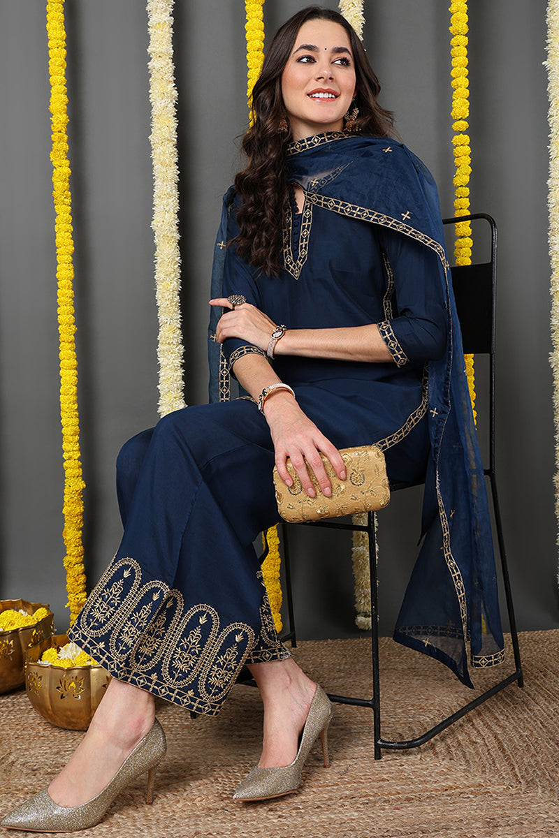 DesiQlo Women Silk Blend Indian Ethnic Set - Blue PKSKD2173
