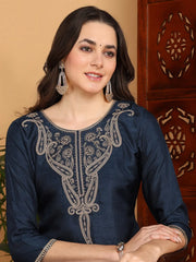 Women Blue Silk Blend Embroidered Straight Kurta Pant Set With Dupatta-PKSKD2176
