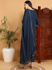 Women Blue Silk Blend Embroidered Straight Kurta Pant Set With Dupatta-PKSKD2176