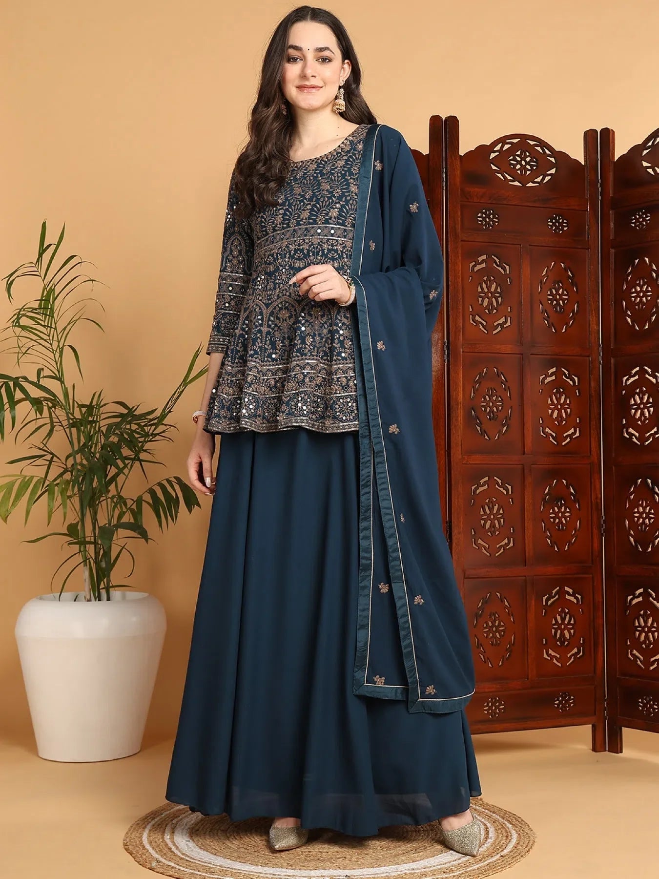Teal Embroidered Kurta Skirt Set with Dupatta | Women's Kurta ...
