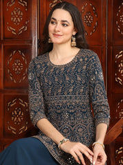 Women Teal Poly Georgette Embroidered A-Line Kurta Skirt Set With Dupatta-PKSKD2177