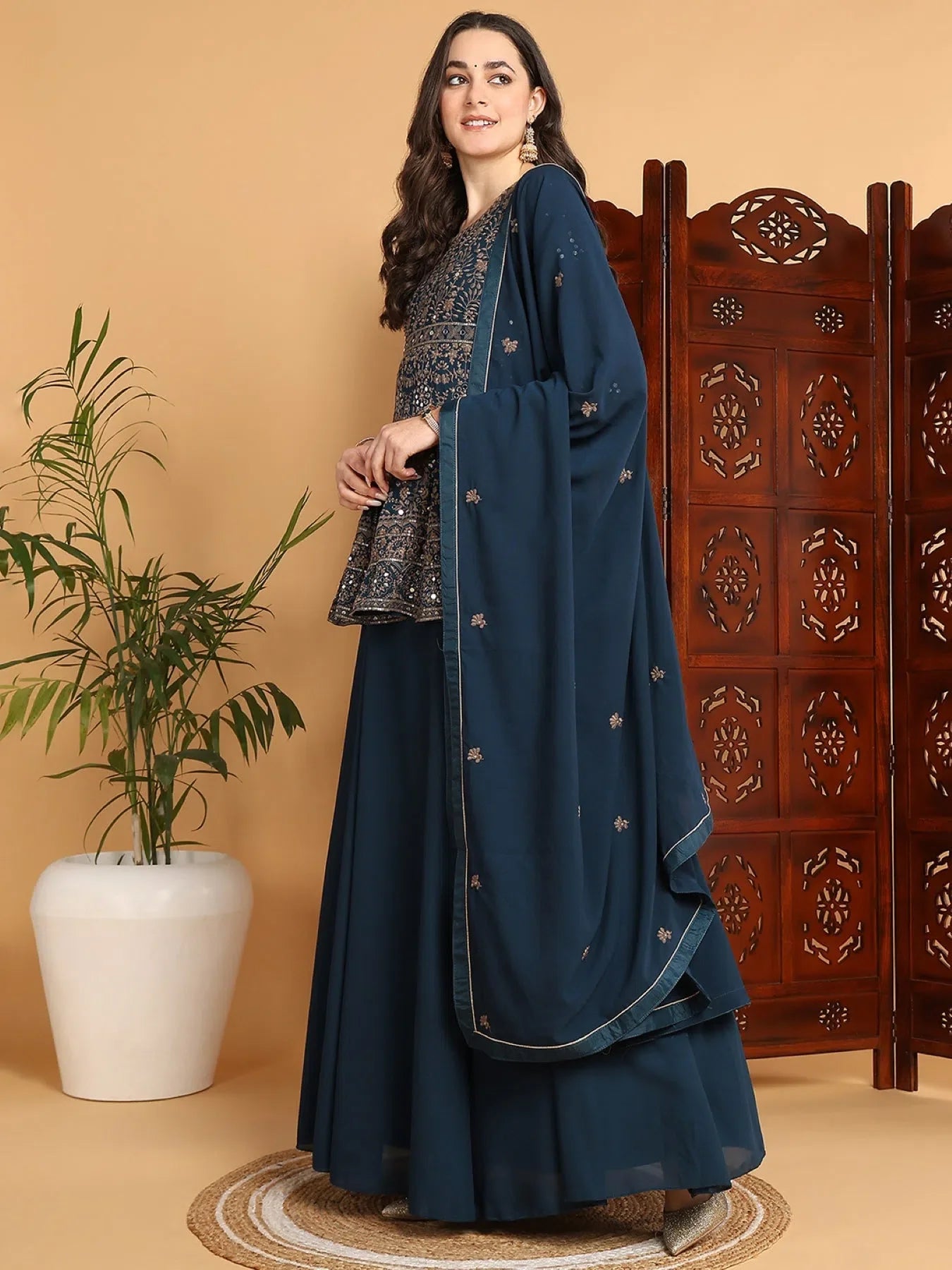 Teal Embroidered Kurta Skirt Set with Dupatta | Women's Kurta ...