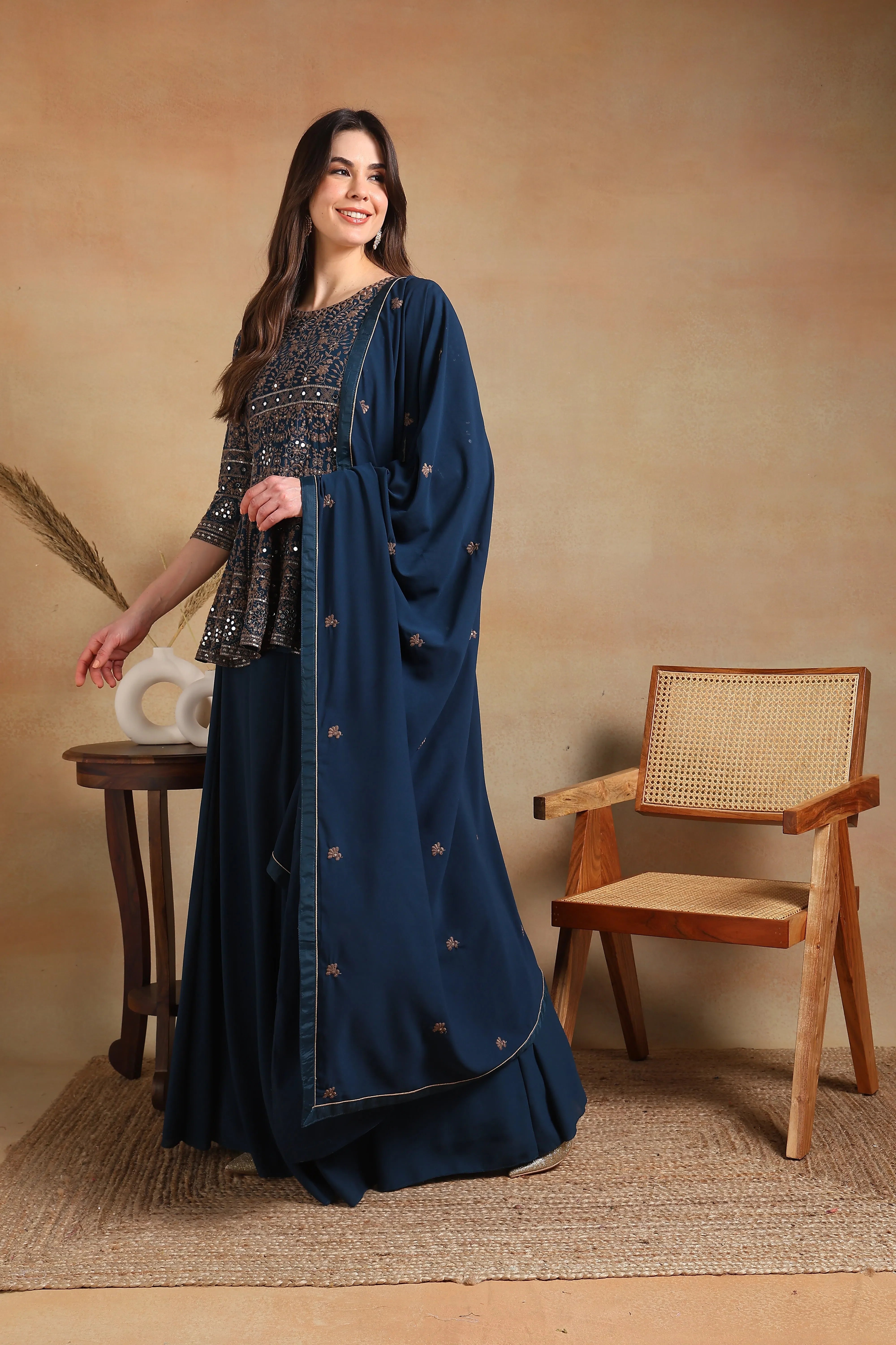 Teal Embroidered Kurta Skirt Set With Dupatta - Indian Sets