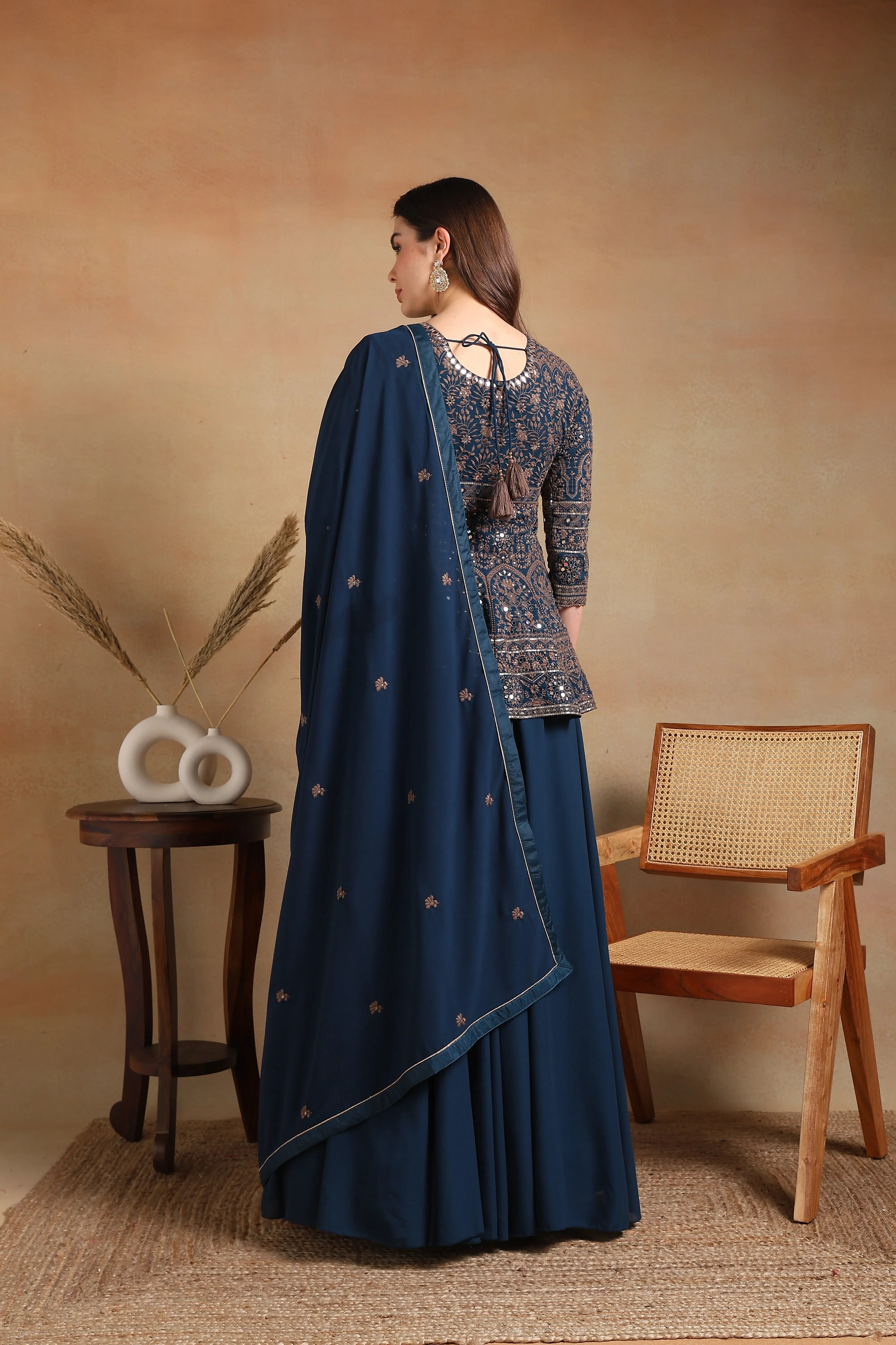 Teal Embroidered Kurta Skirt Set With Dupatta - Indian Sets