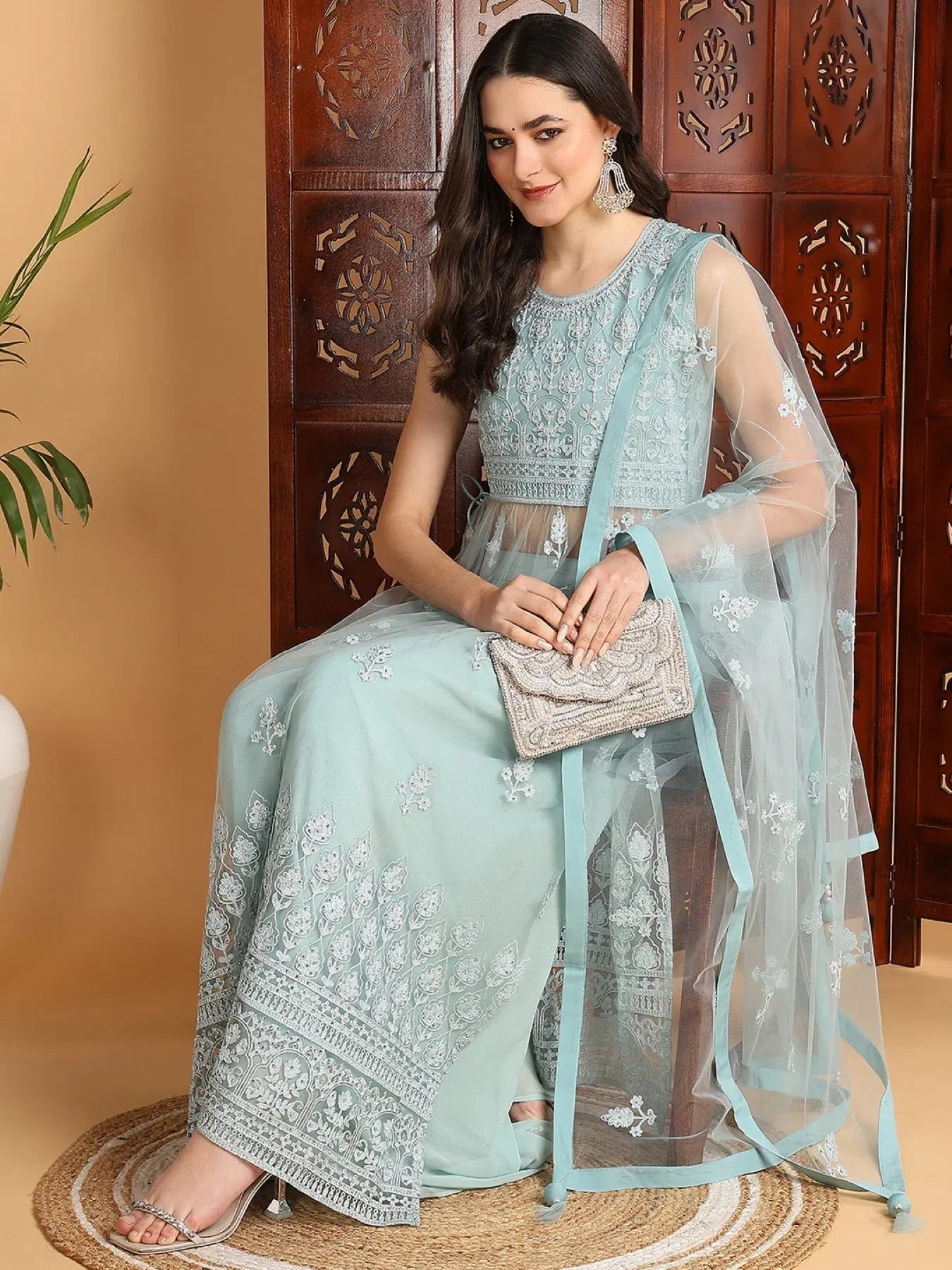 Sea Green Embroidered Sharara Suits for Women | Designer Set