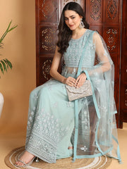 Women Sea Green Net Embroidered Straight Kurta Sharara Set With Dupatta