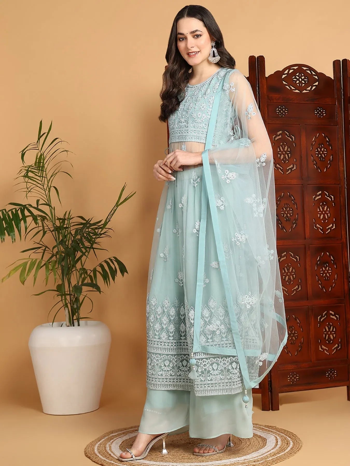 Sea Green Embroidered Sharara Suits for Women | Designer Set
