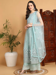 Women Sea Green Net Embroidered Straight Kurta Sharara Set With Dupatta
