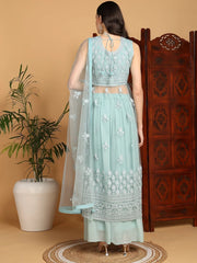 Women Sea Green Net Embroidered Straight Kurta Sharara Set With Dupatta