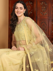 Women Yellow Net Embroidered Straight Kurta Sharara Set With Dupatta