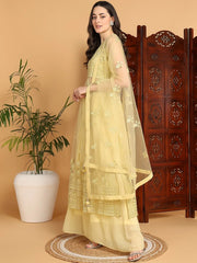 Women Yellow Net Embroidered Straight Kurta Sharara Set With Dupatta